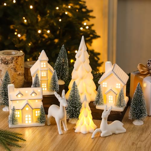 12 Pcs Ceramic Christmas Village Set with Lights S3043