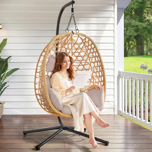 Beige Wicker Rattan Egg Chair with Stand J313484