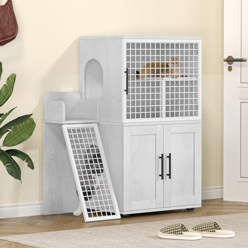 Cat Litter Box Enclosure with Platform, Double Layer, 33.5" L x 17.9" W x 41.9" H, Wax Wood A764644