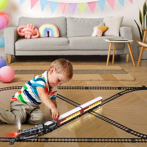 Train Set with Steam Locomotive, Light Up Cars and Tracks Y916