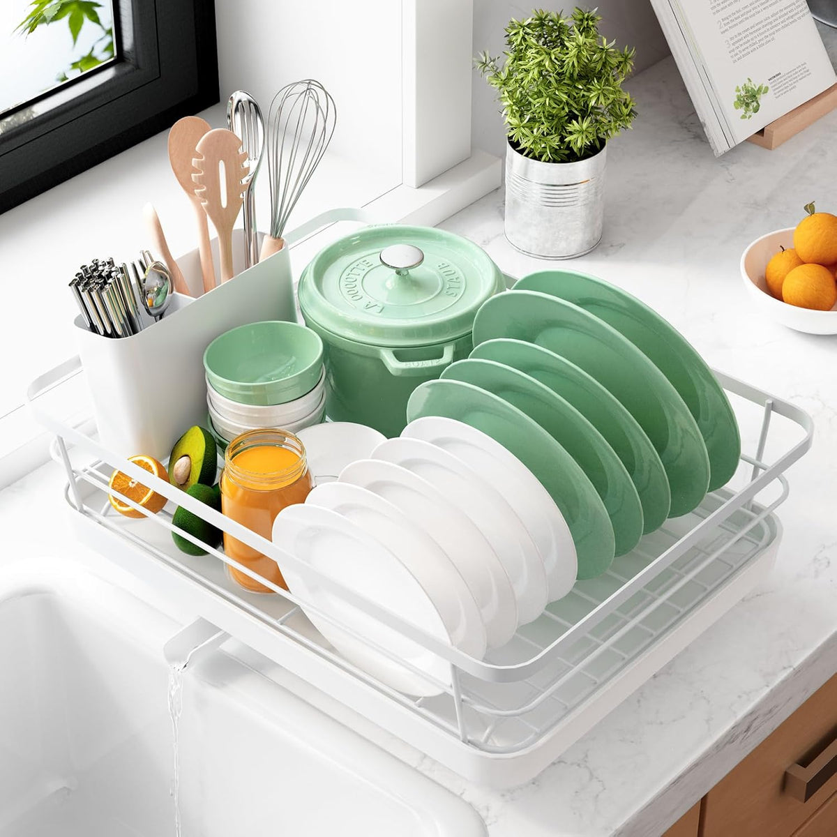 White Stainless Steel Dish Drying Rack with Cutlery Holder A56473