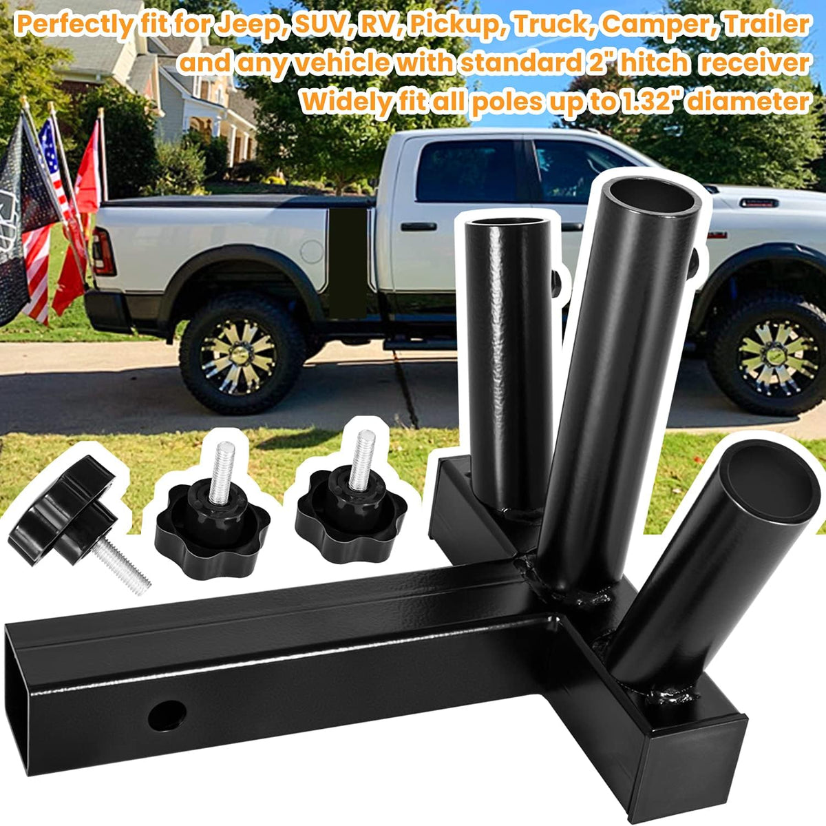 Black 3 Flagpole Hitch Mount Holder with 2 inch Hitch Receiver Q971799