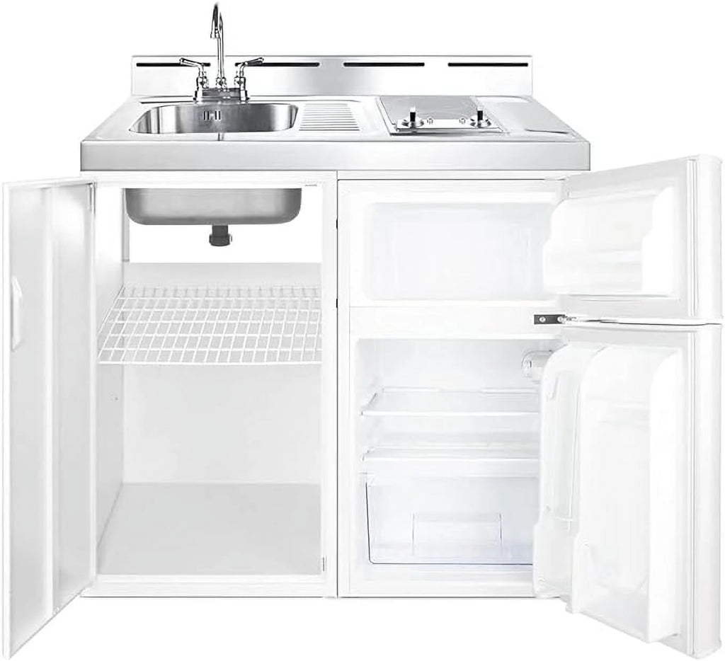 39 inch wide all-in-one kitchenette with 2-burner cooktop, refrigerator-freezer, sink, and storage cabinet P66842