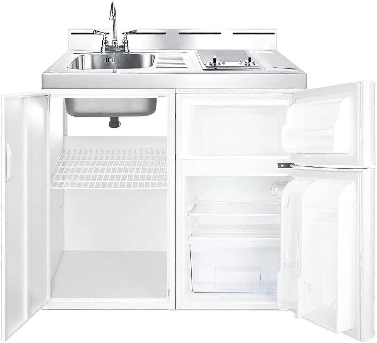 39 inch wide all-in-one kitchenette with 2-burner cooktop, refrigerator-freezer, sink, and storage cabinet P66842