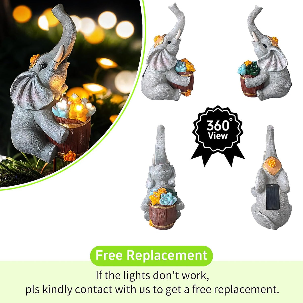 Solar Garden Elephant Statue Lights V5567