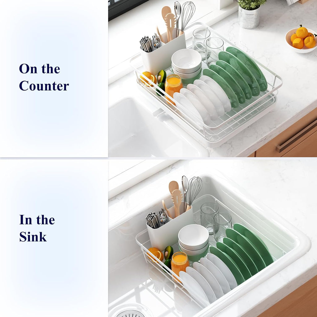 White Stainless Steel Dish Drying Rack with Cutlery Holder A56473