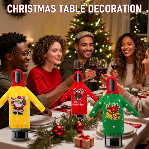 3Pcs Christmas Wine Bottle Covers Knitted Hoodie C234182