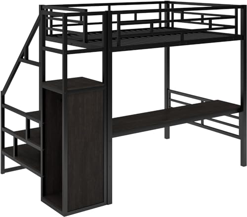 Full Size Metal Loft Bed with Desk and Wardrobe X5754