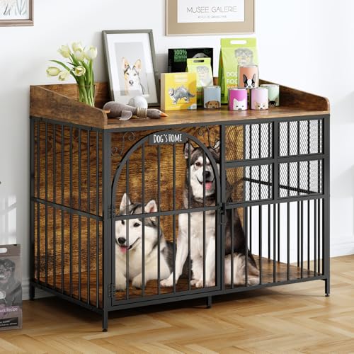 Large Dog Crate Furniture with Chew-Resistant Heavy Duty Wooden Dog Cage Rustic Brown O214