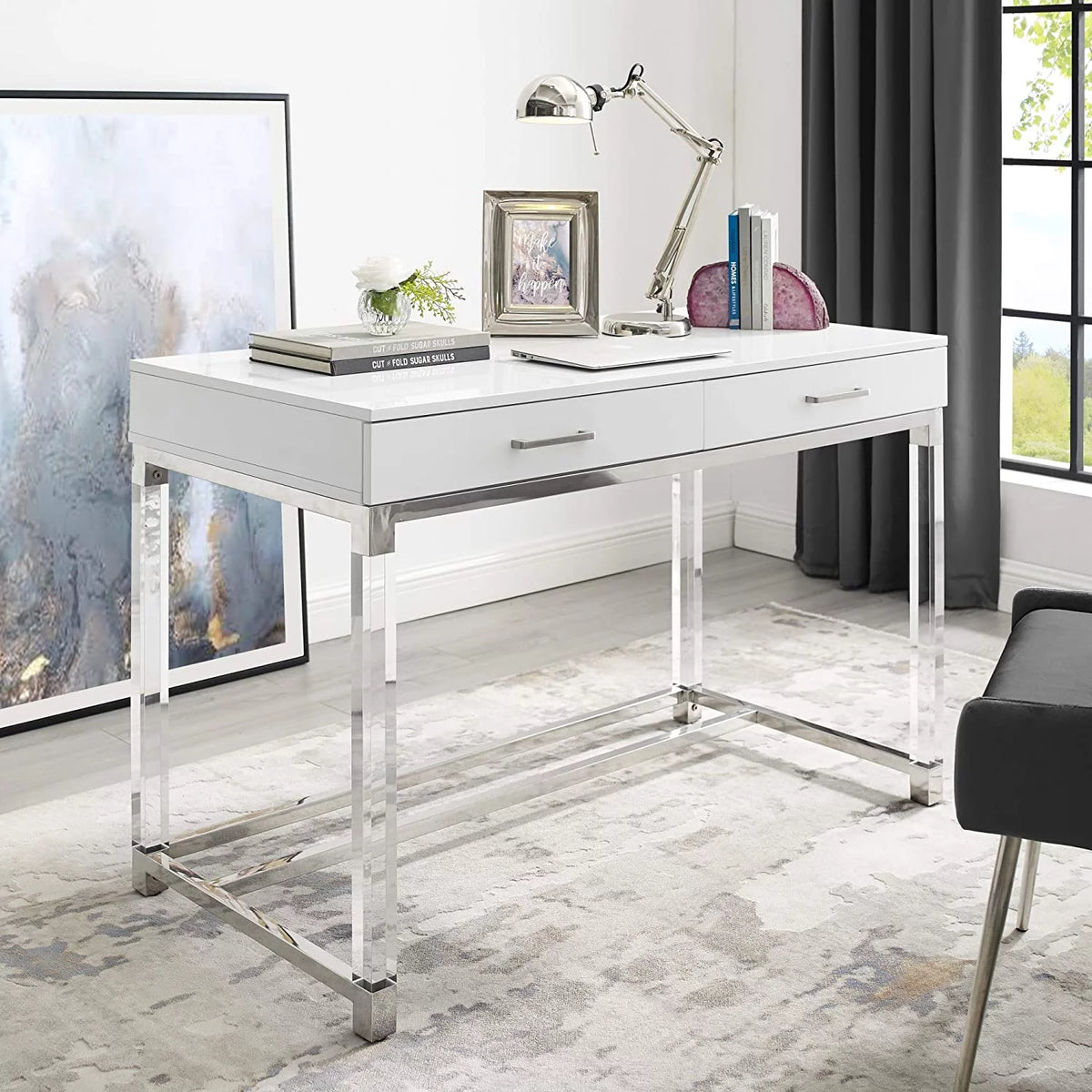 High Gloss 2 Drawers Writing Desk with Acrylic Legs and Chrome Stainless Steel Base White/Chrome V293