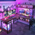 55 Inch L Shaped Gaming Desk with LED Lights & Power Outlets, Rustic Brown Q439100
