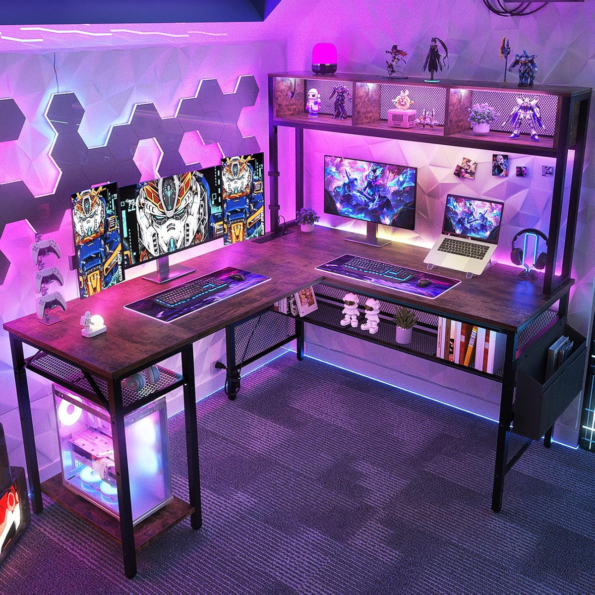 55 Inch L Shaped Gaming Desk with LED Lights & Power Outlets, Rustic Brown Q439100