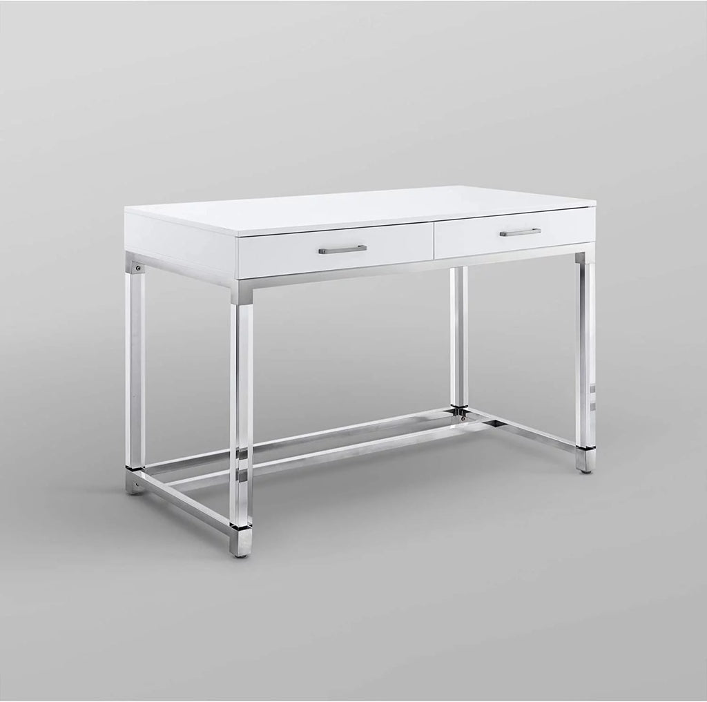 High Gloss 2 Drawers Writing Desk with Acrylic Legs and Chrome Stainless Steel Base White/Chrome V293