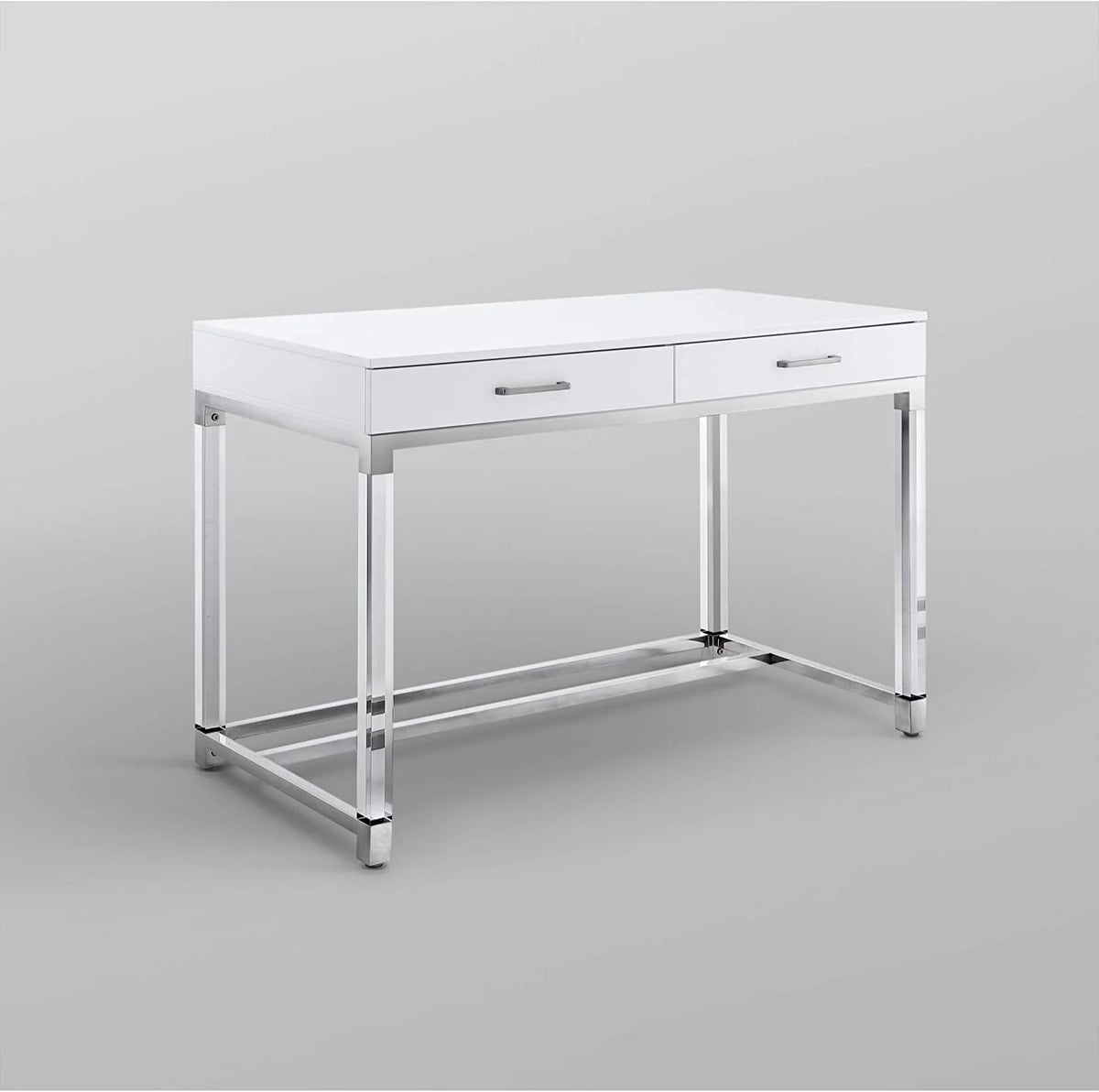 High Gloss 2 Drawers Writing Desk with Acrylic Legs and Chrome Stainless Steel Base White/Chrome V293