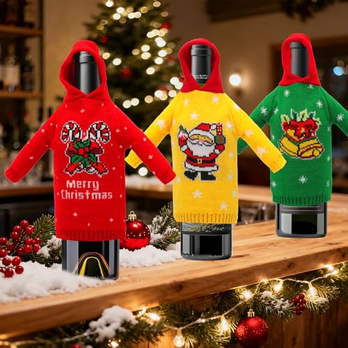 3Pcs Christmas Wine Bottle Covers Knitted Hoodie C234182