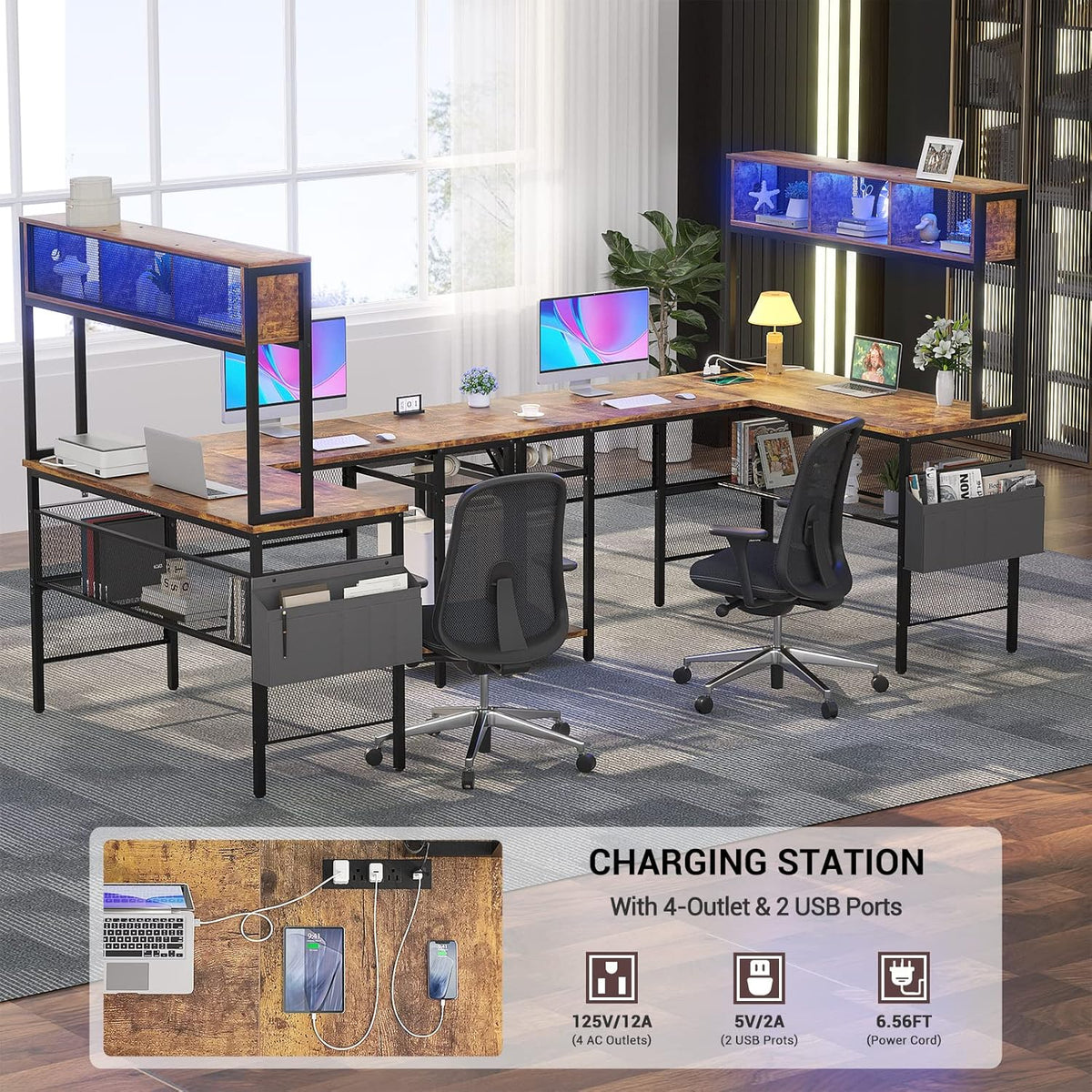 55 Inch L Shaped Gaming Desk with LED Lights & Power Outlets, Rustic Brown Q439100
