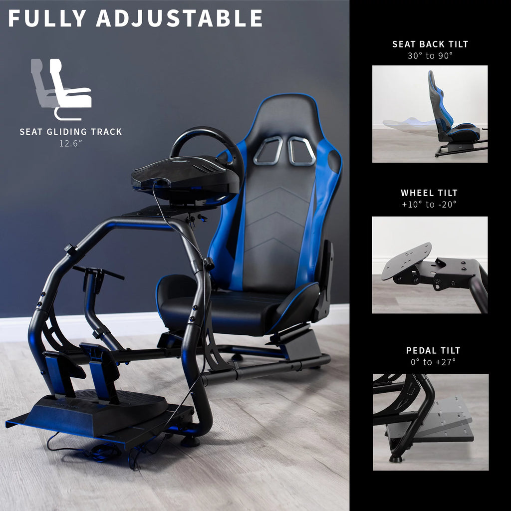 Black Blue Racing Simulator Cockpit with Wheel Stand and Reclining Seat R191