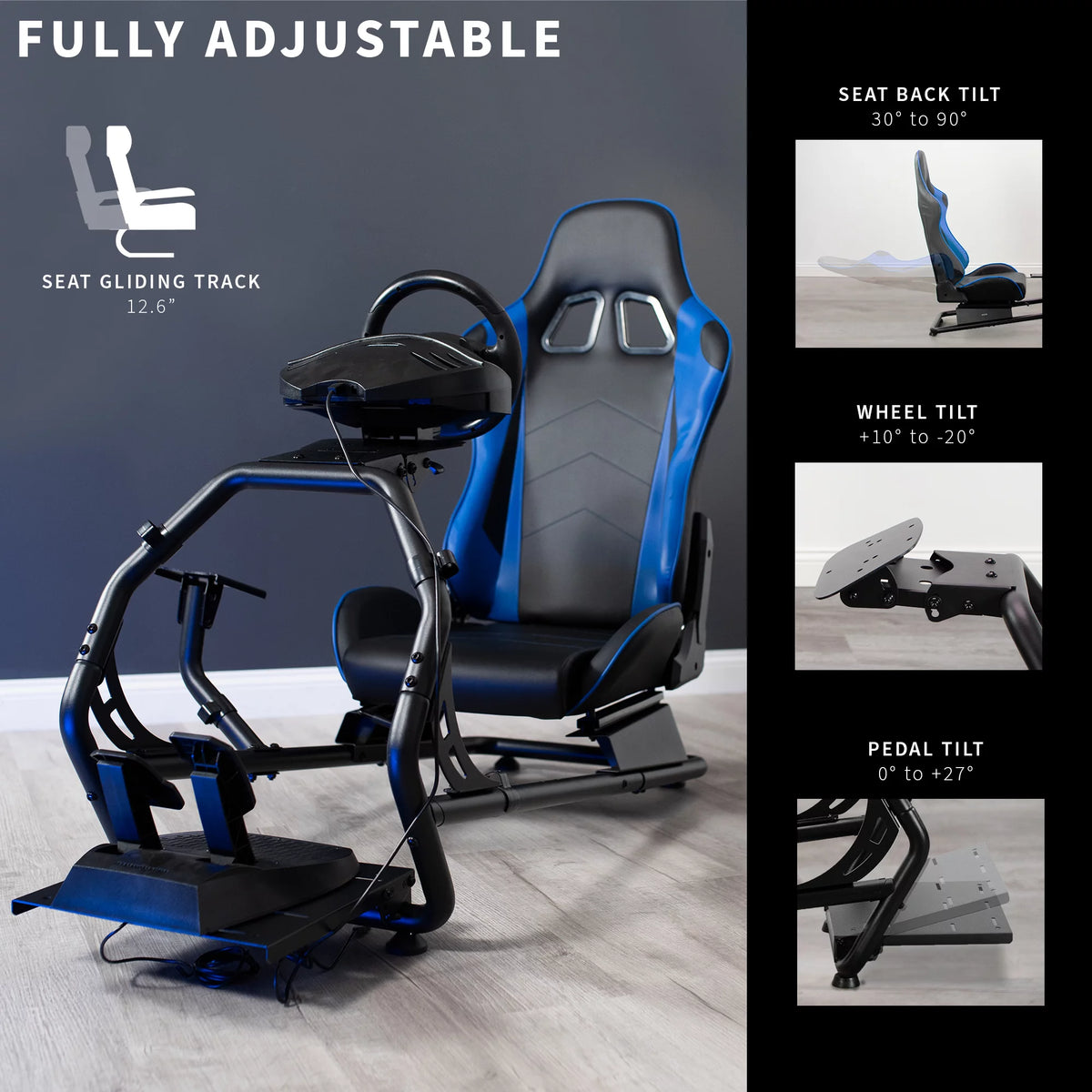 Black Blue Racing Simulator Cockpit with Wheel Stand and Reclining Seat R191