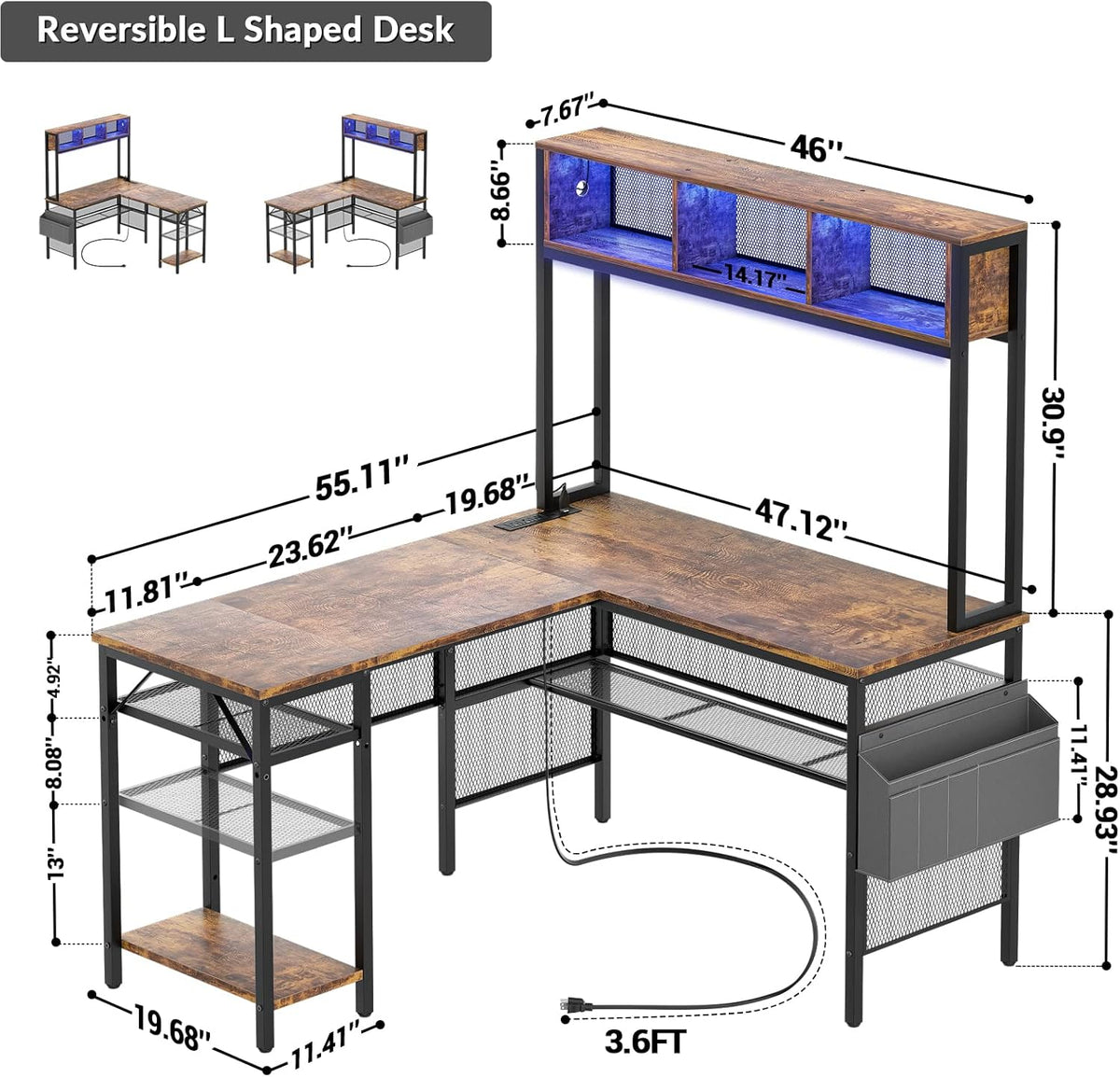 55 Inch L Shaped Gaming Desk with LED Lights & Power Outlets, Rustic Brown Q439100