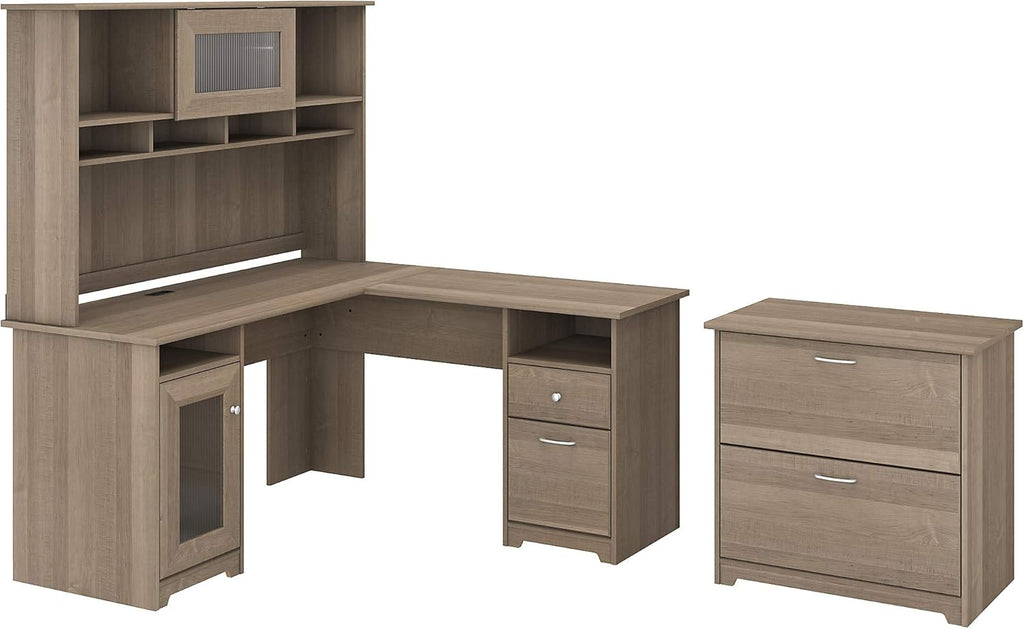 L Shape Desk with Hutch and Lateral File, Ash Gray J72182