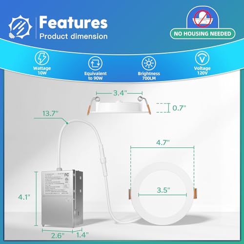 6 Pack 6 Inch Ultra-Thin LED Recessed Ceiling Light with Junction Box, Selectable 2700K/3000K/3500K/4000K/5000K, Dimmable W4944