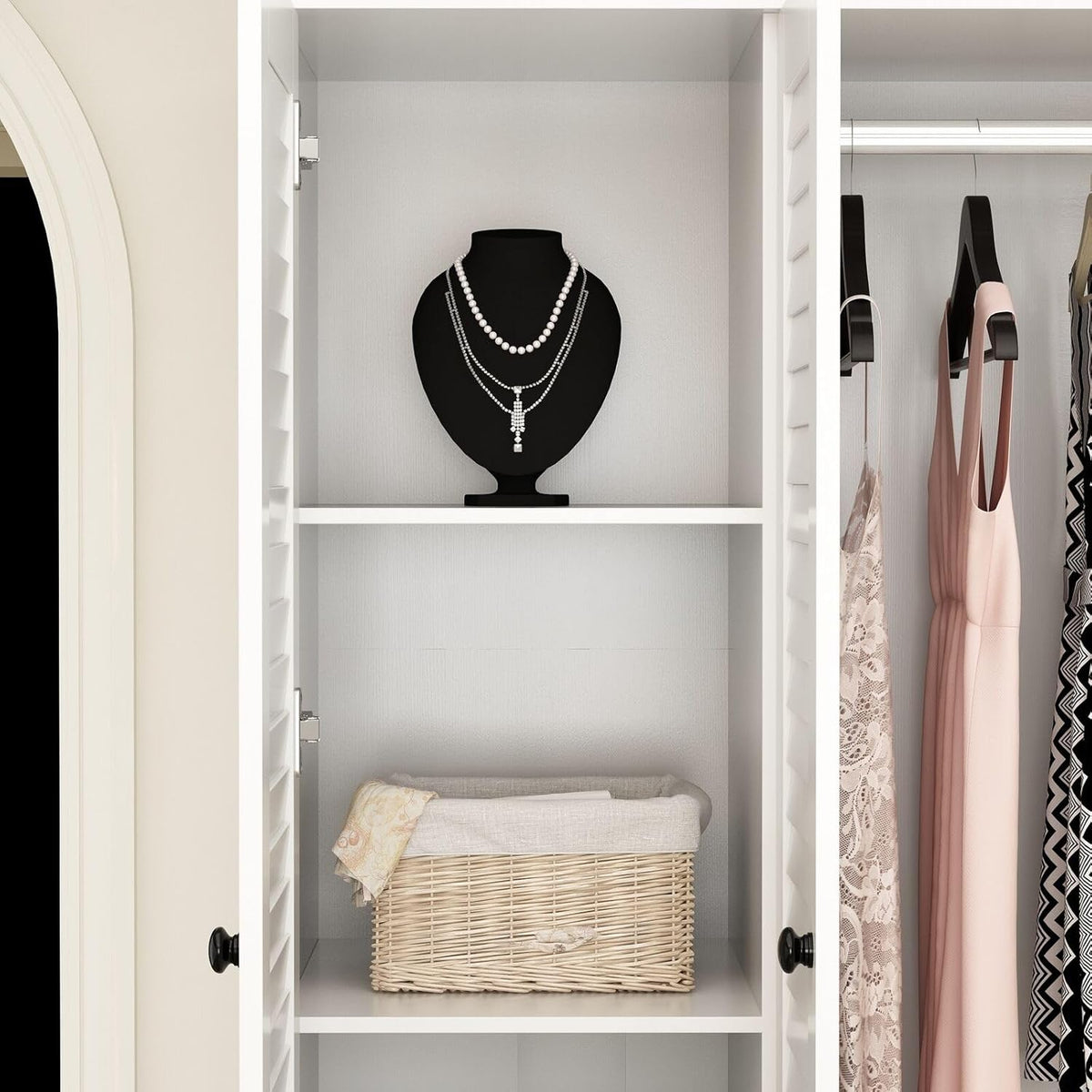 Rustic White Slat Door Wardrobe with 5 Drawers and 4 Doors P822860