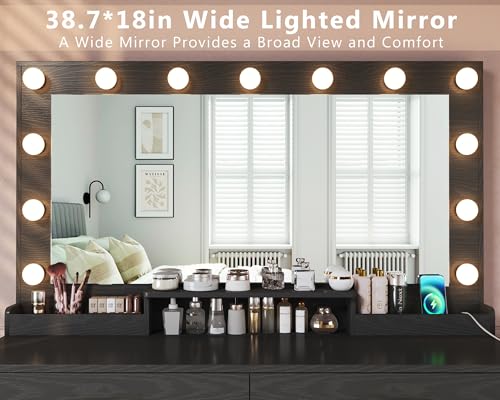 White Vanity Desk with Lights and Large Mirror J566
