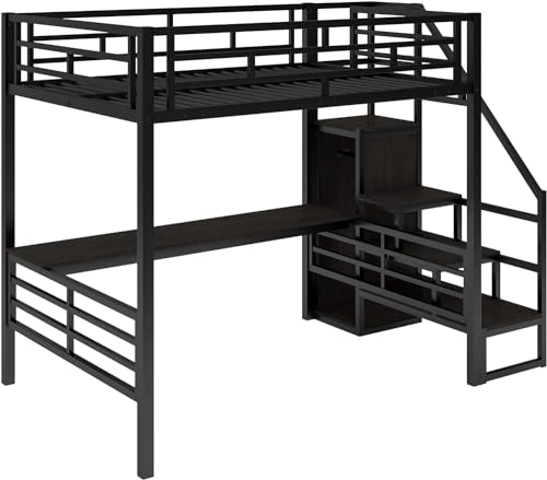 Full Size Metal Loft Bed with Desk and Wardrobe X5754