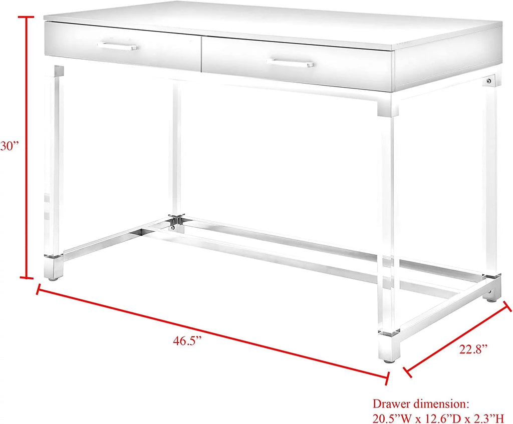 High Gloss 2 Drawers Writing Desk with Acrylic Legs and Chrome Stainless Steel Base White/Chrome V293