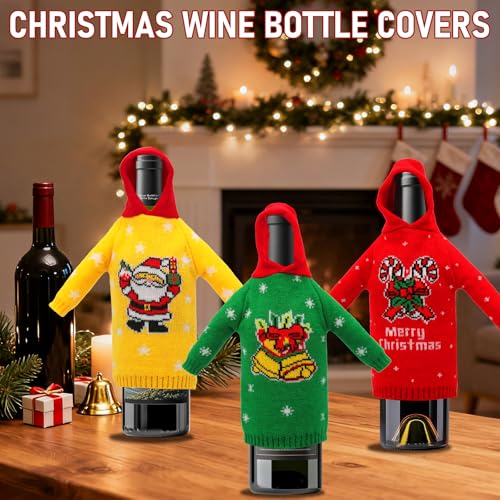 3Pcs Christmas Wine Bottle Covers Knitted Hoodie C234182