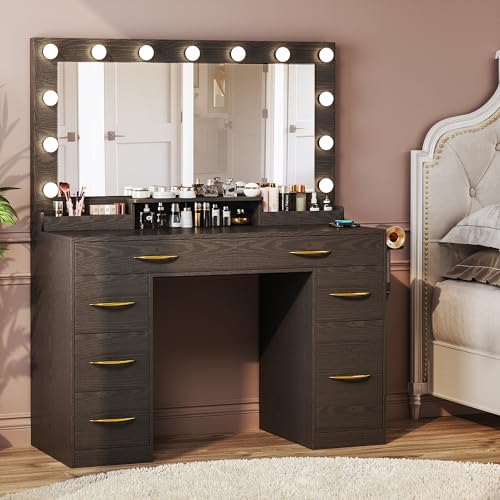 White Vanity Desk with Lights and Large Mirror J566