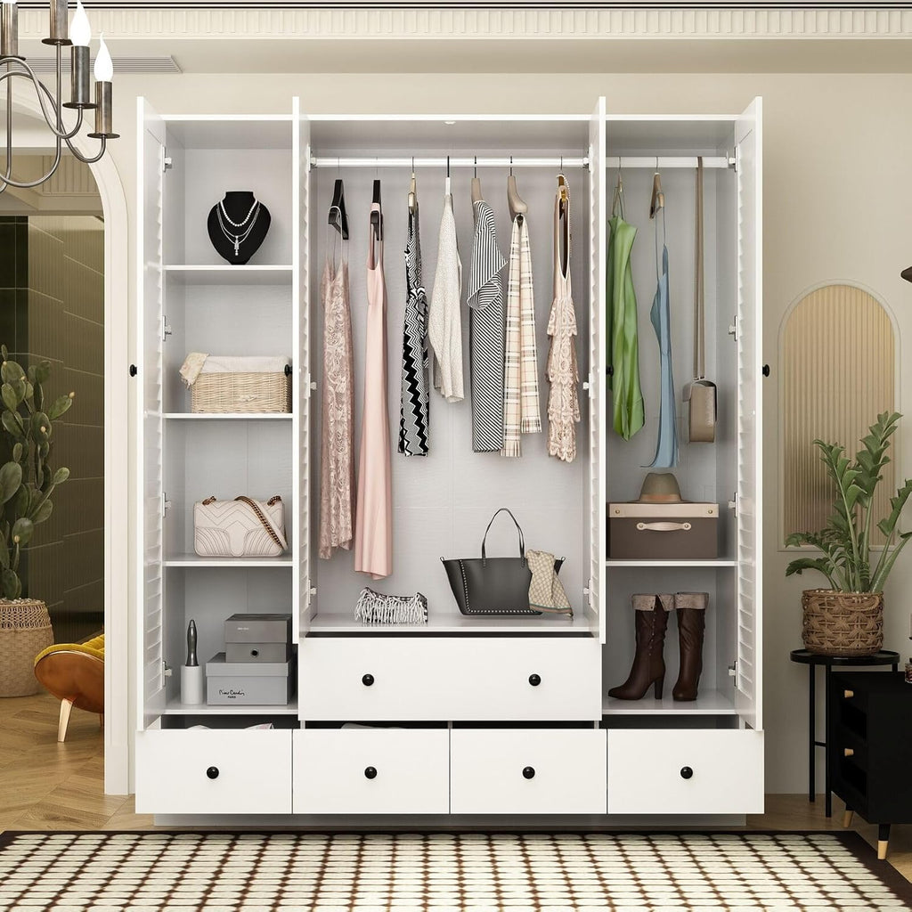 Rustic White Slat Door Wardrobe with 5 Drawers and 4 Doors P822860