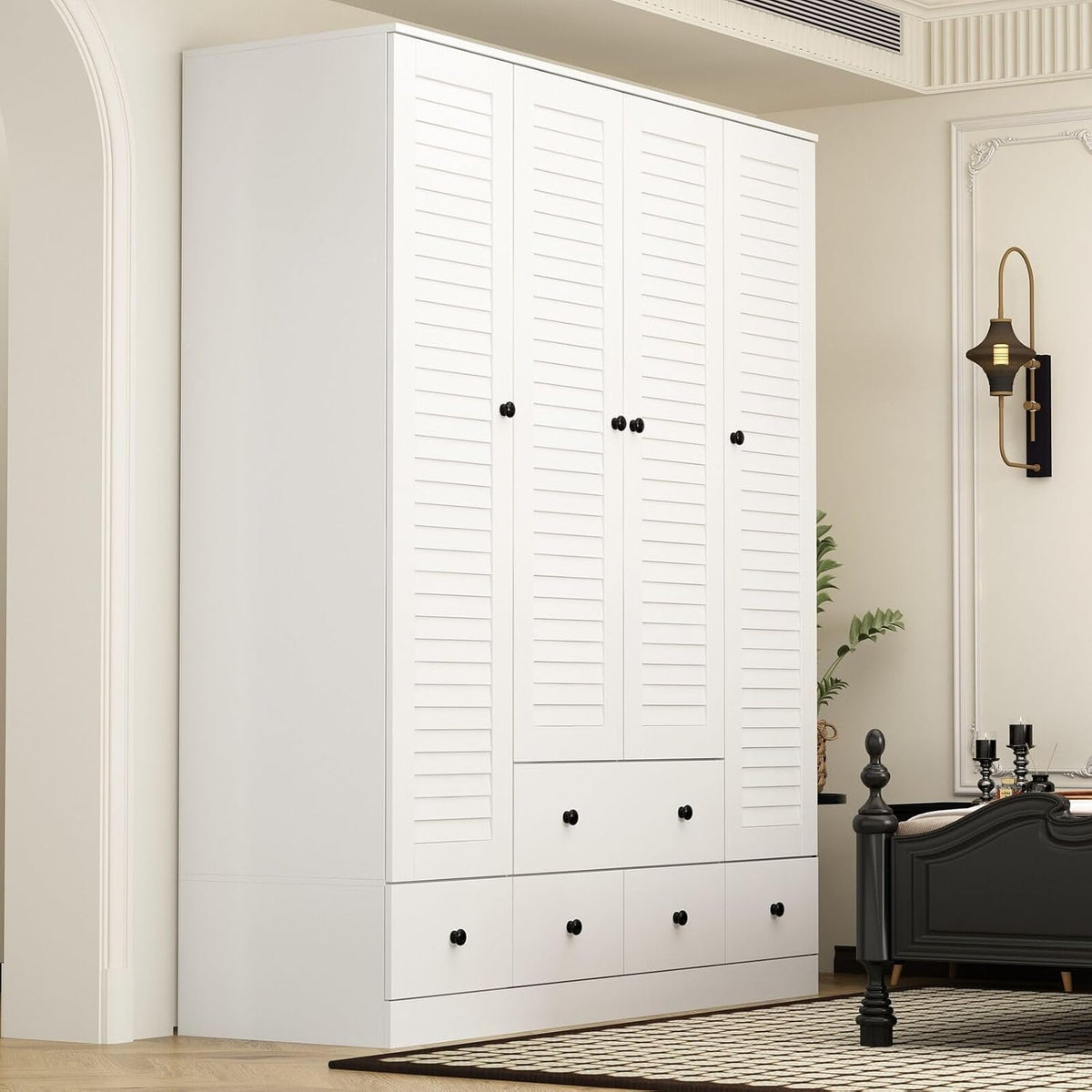 Rustic White Slat Door Wardrobe with 5 Drawers and 4 Doors P822860