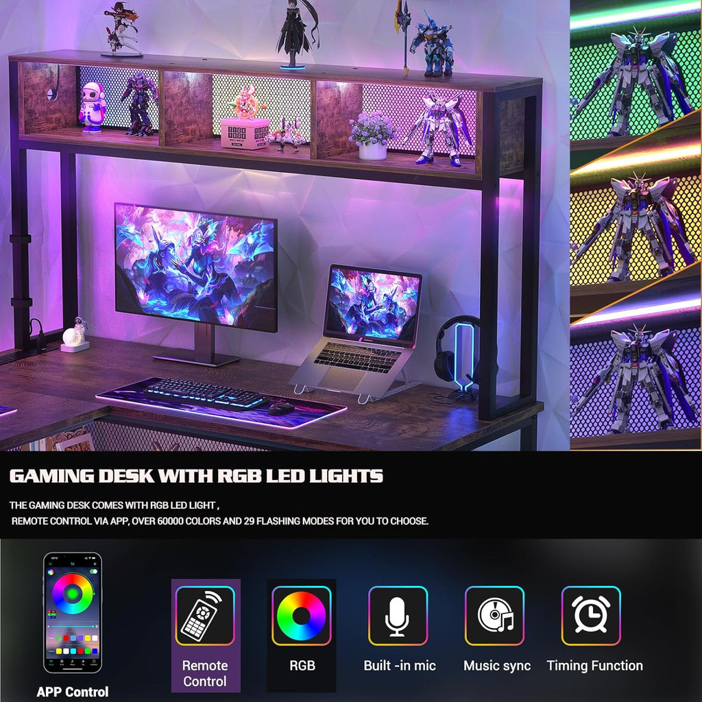 55 Inch L Shaped Gaming Desk with LED Lights & Power Outlets, Rustic Brown Q439100