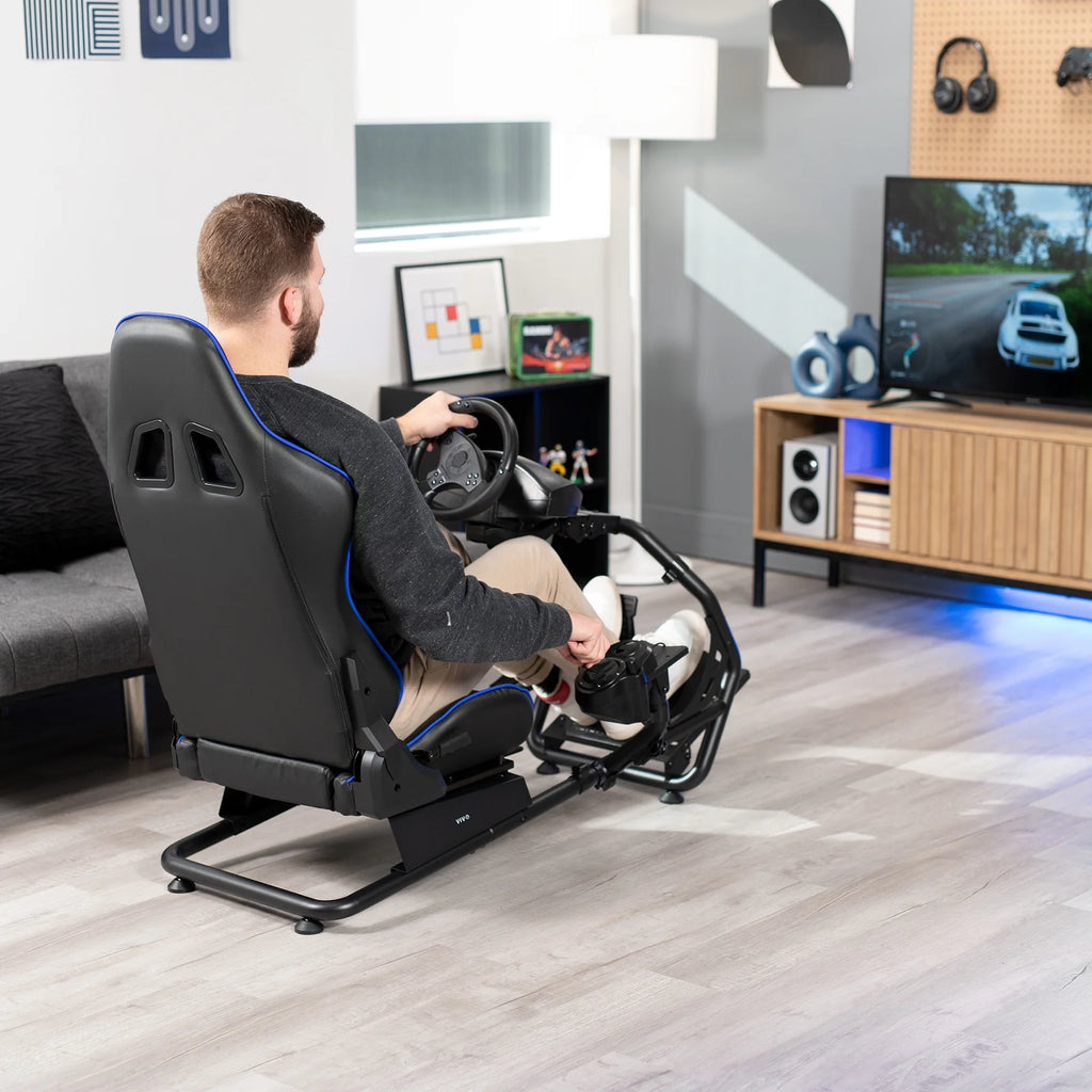 Black Blue Racing Simulator Cockpit with Wheel Stand and Reclining Seat R191