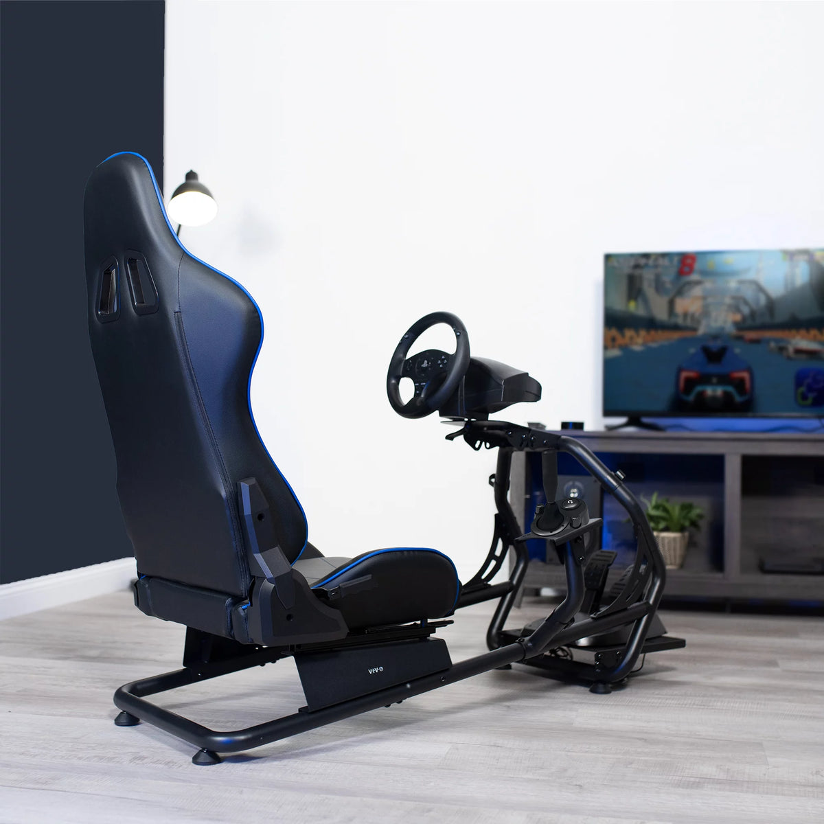 Black Blue Racing Simulator Cockpit with Wheel Stand and Reclining Seat R191