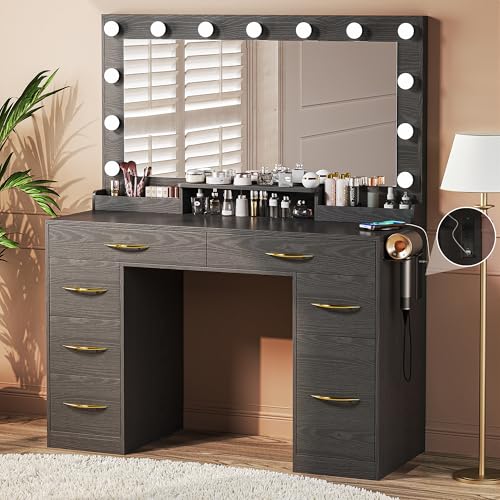 White Vanity Desk with Lights and Large Mirror J566
