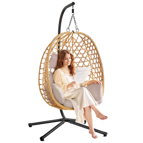 Beige Wicker Rattan Egg Chair with Stand J313484