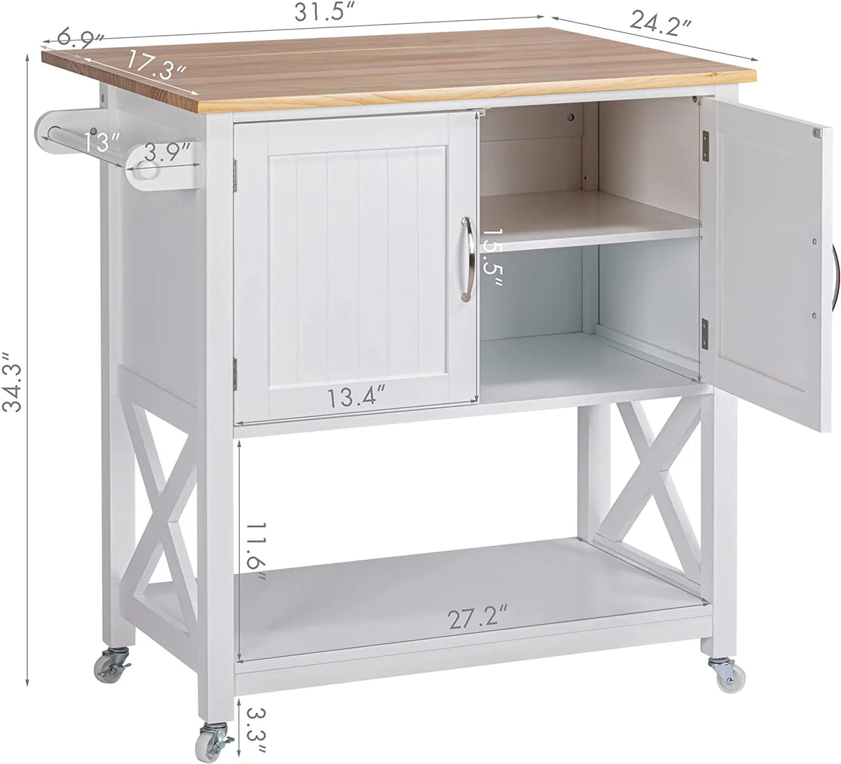 White Kitchen Island on Wheels with Storage Cabinet and Drop Leaf D573340