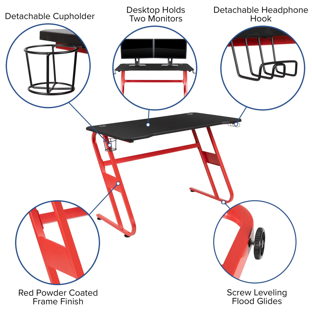 Red Ergonomic Gaming Desk with Cup Holder V696