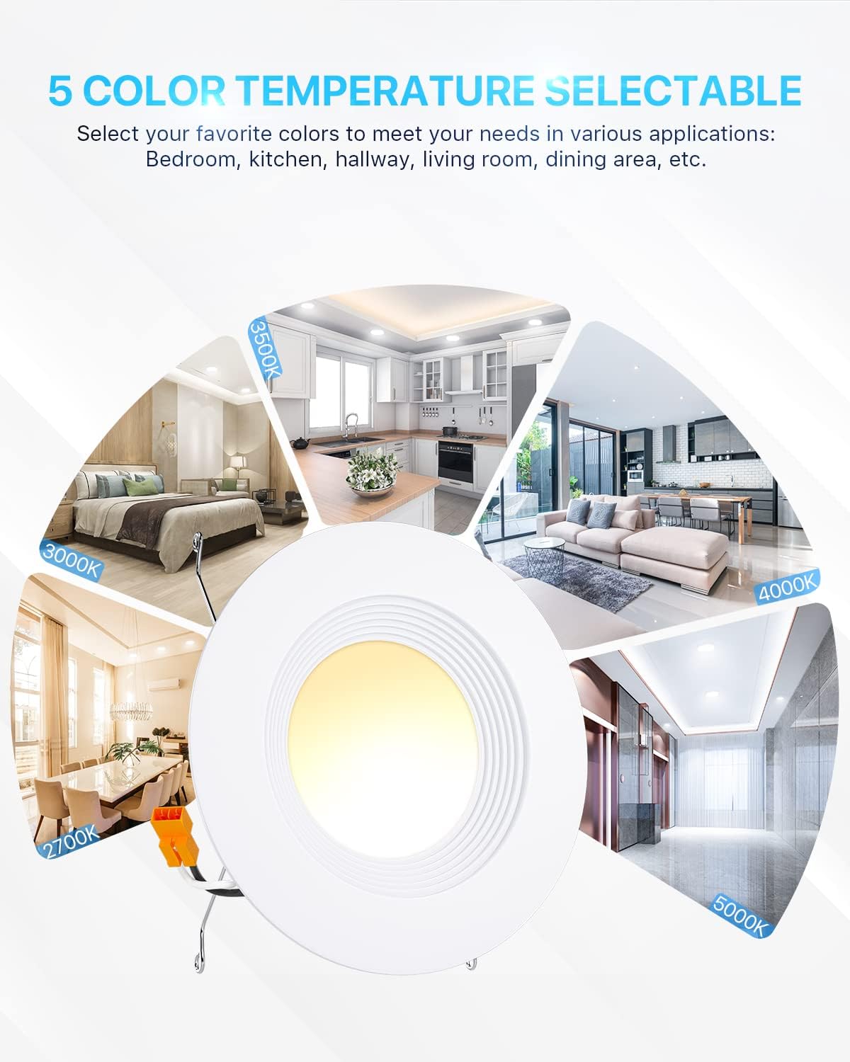 12 Pack 5/6 Inch LED Recessed Lighting, Metal Baffle Trim, Selectable 2700K-5000K, Dimmable Downlight W38328
