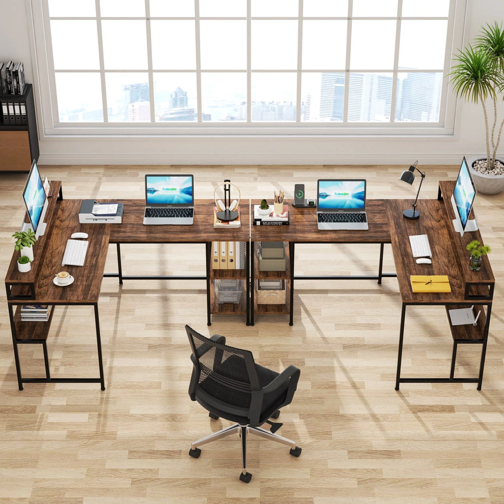 59" L Shaped Desk with Monitor Stand and Storage Shelf N759