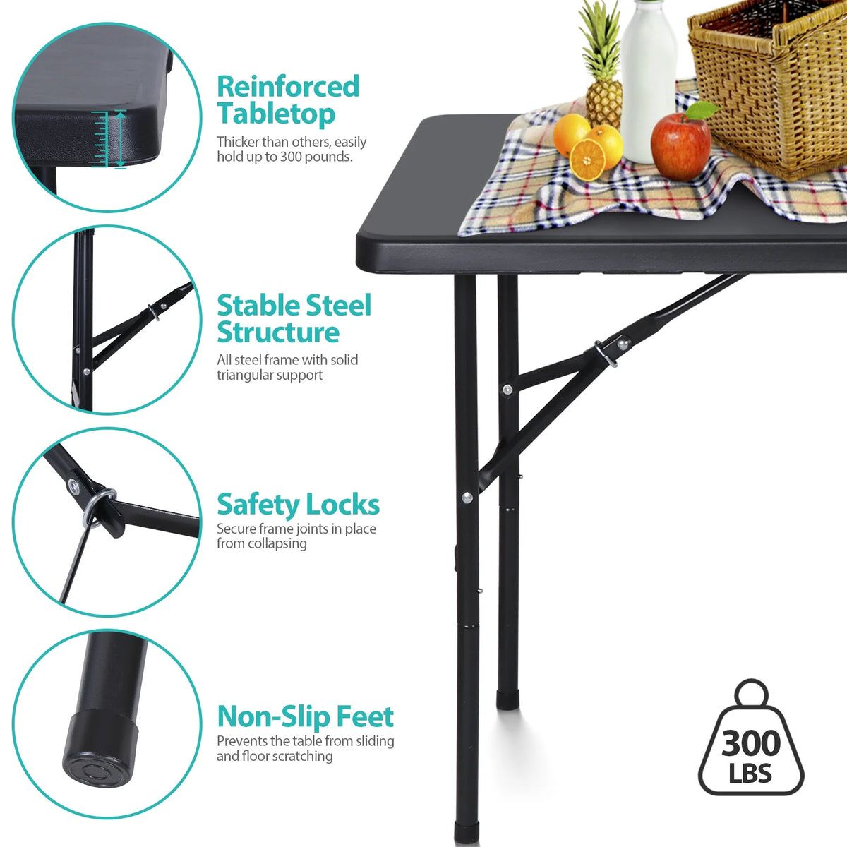 4 Ft Black Folding Plastic Table O6709