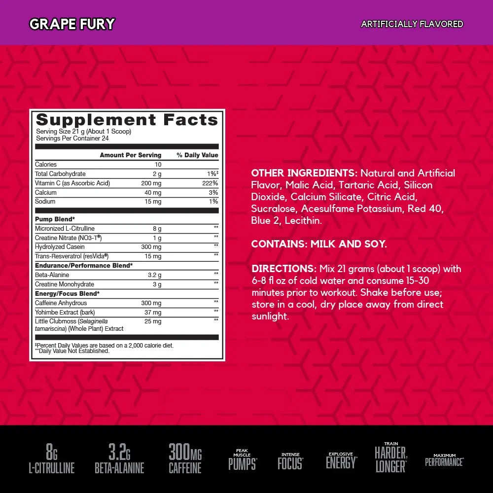 Grape Fury Pre Workout Powder with L-Citrulline and Beta-Alanine, 24 Servings I649472