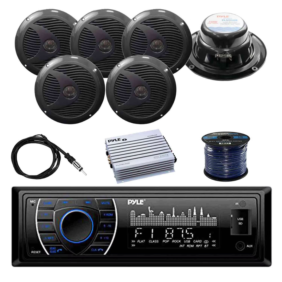 Marine Bluetooth Receiver with 6.5" Dual Cone WP Speakers, 4-Chan 400W Waterproof Marine Amplifier, Marine Antenna & 50' 16G Speaker Wire B37583