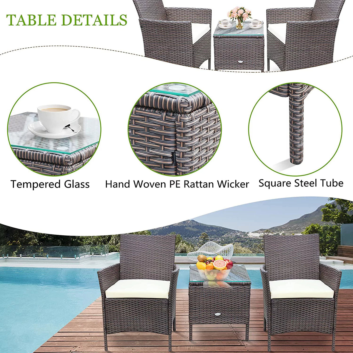 3 Pieces Beige Rattan Wicker Outdoor Furniture Set B2643