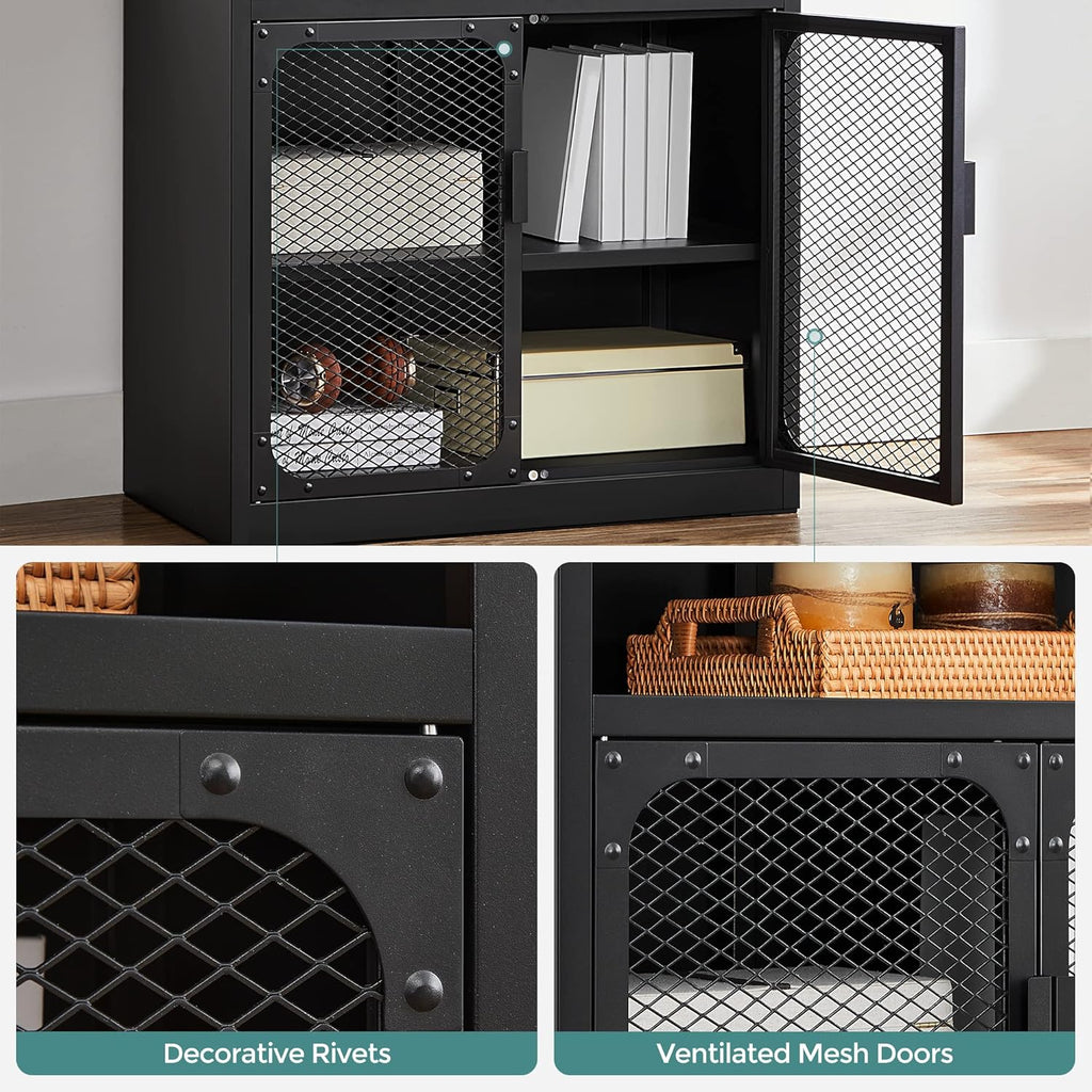 Rustic Brown and Black Storage Cabinet with Mesh Doors and Adjustable Shelf W9785