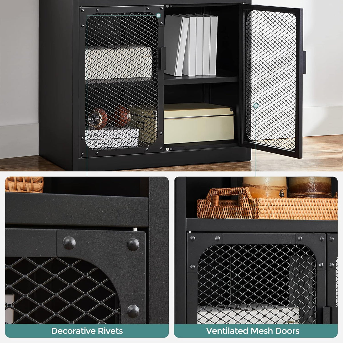Rustic Brown and Black Storage Cabinet with Mesh Doors and Adjustable Shelf W9785