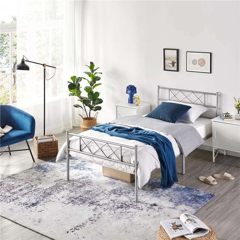 Twin Metal Bed Frame with Crisscross Headboard & Footboard, White J799293