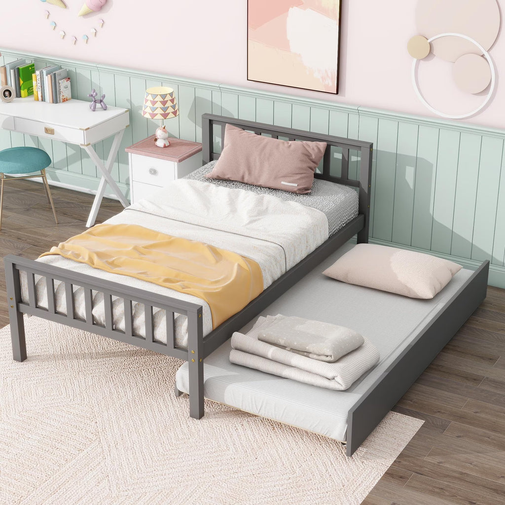 Gray Twin Size Wood Platform Bed with Trundle M991